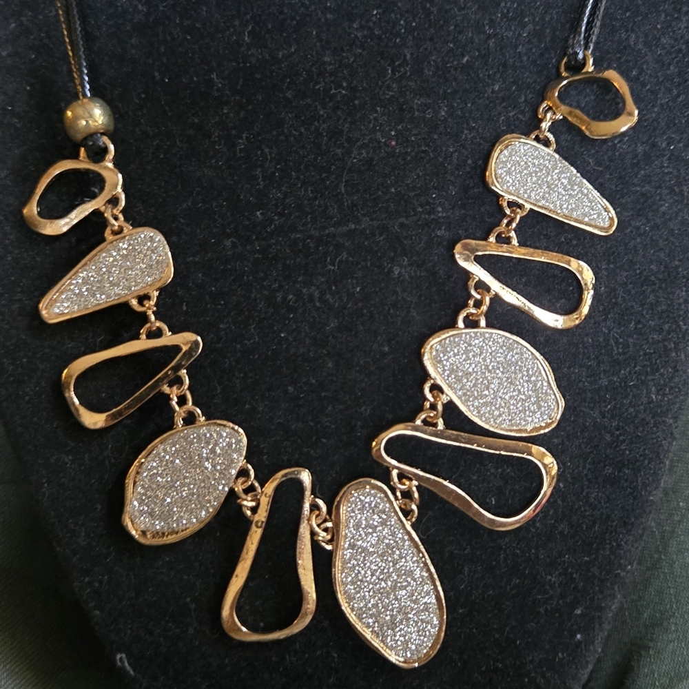 Gold and Silver Leather Statement Necklace 11"/22" Adjustable - Picture 2 of 4